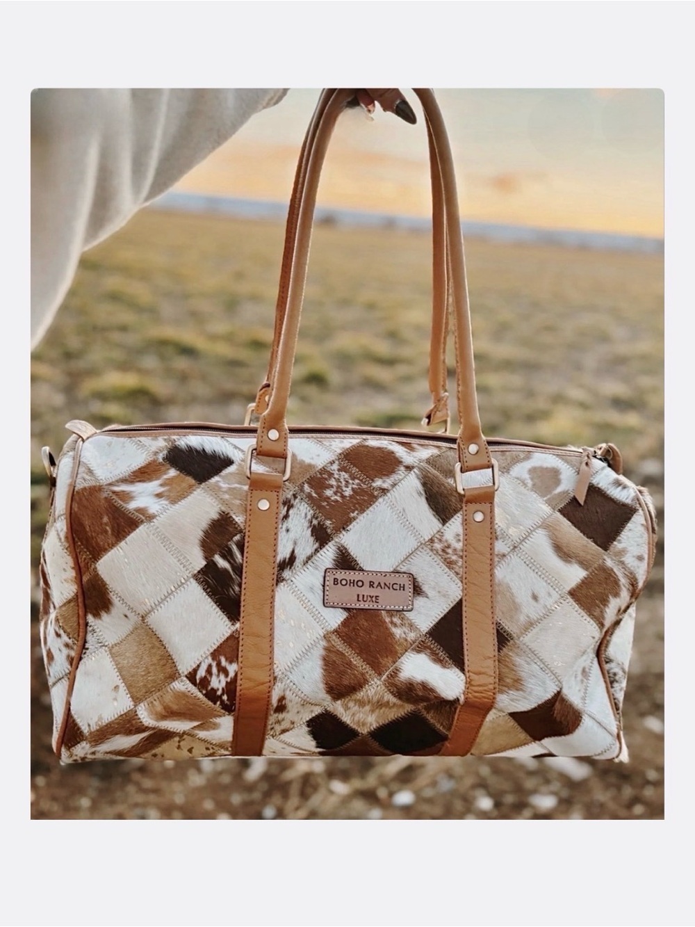 BOHO RANCH LUXE ~ Large Brown Cream Patchwork Travel Tote w/LV Luggage Tag